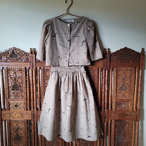 Vintage 80s Neutral Paint Splatter Shoulder Pad Skirt Set Suit Separates - Picture 3 of 16